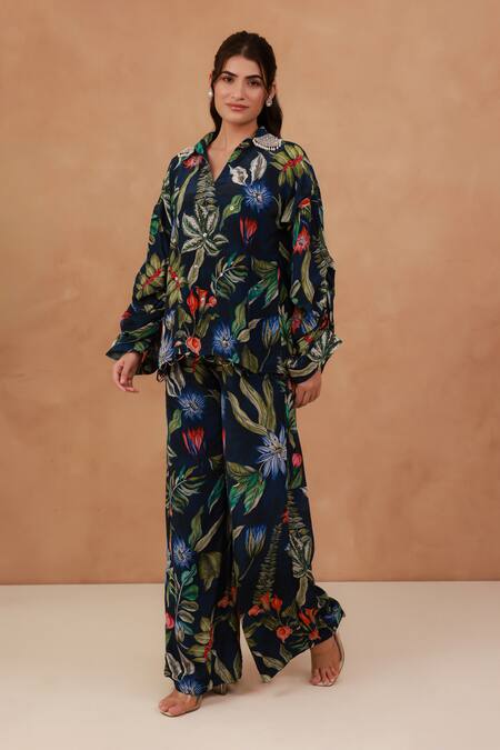 Aroop Shop India_Navy Crepe Embroidery, Beads, Pearls Tropical Print Shirt And Pant Co-ord Set _Online_at_Aza_Fashions