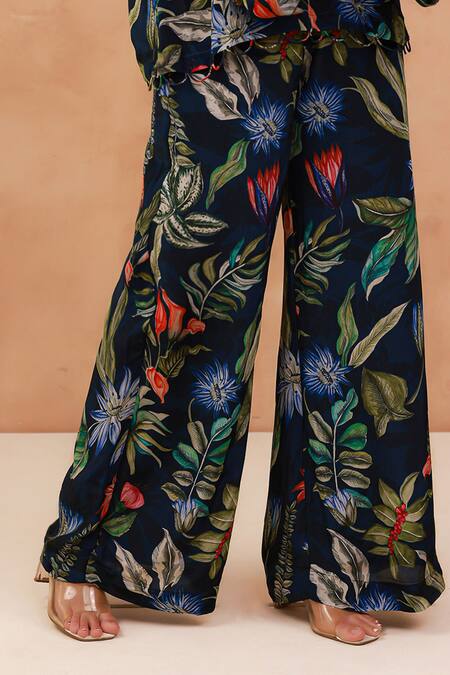 Aroop Shop India_Navy Crepe Embroidery, Beads, Pearls Tropical Print Shirt And Pant Co-ord Set _at_Aza_Fashions