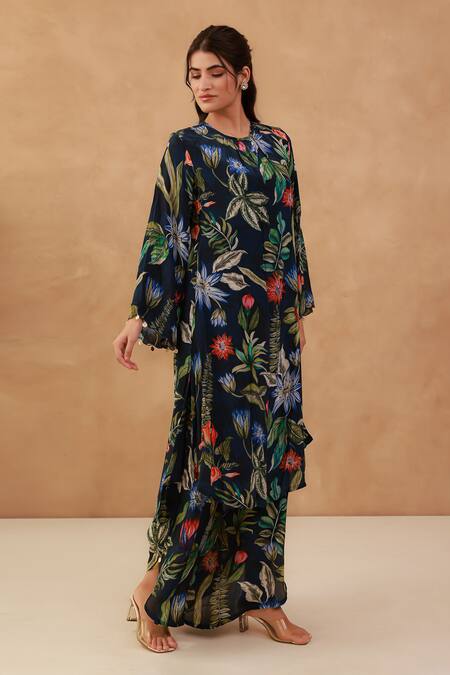Aroop Shop India_Blue Crepe Beads, Tassels Round Neck Floral Print Kurta And Tulip Pant Set _Online_at_Aza_Fashions