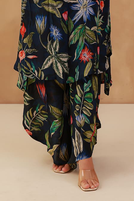 Buy_Aroop Shop India_Blue Crepe Beads, Tassels Round Neck Floral Print Kurta And Tulip Pant Set _Online_at_Aza_Fashions