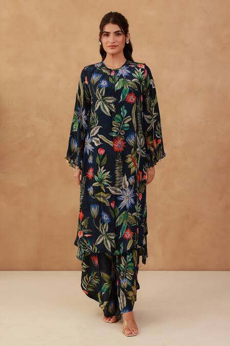 Shop_Aroop Shop India_Blue Crepe Beads, Tassels Round Neck Floral Print Kurta And Tulip Pant Set _Online_at_Aza_Fashions