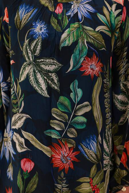 Aroop Shop India_Blue Crepe Beads, Tassels Round Neck Floral Print Kurta And Tulip Pant Set _at_Aza_Fashions