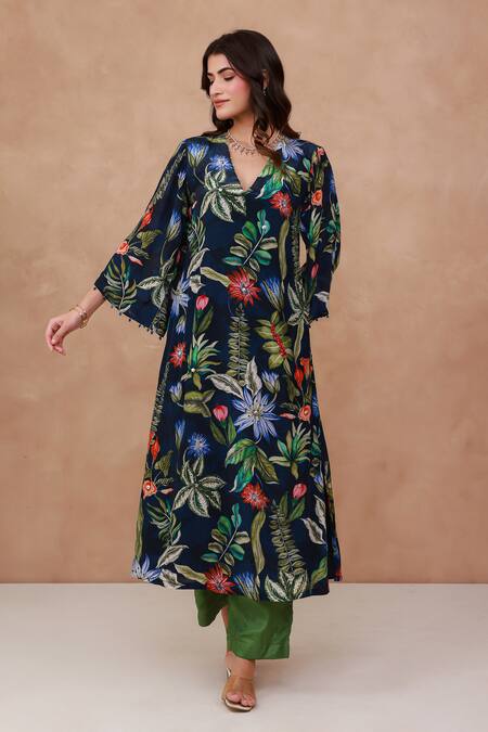 Aroop Shop India_Navy Crepe, Silk Embroidery, Beads V-neck Floral Printed Kurta And Pant Set _Online_at_Aza_Fashions