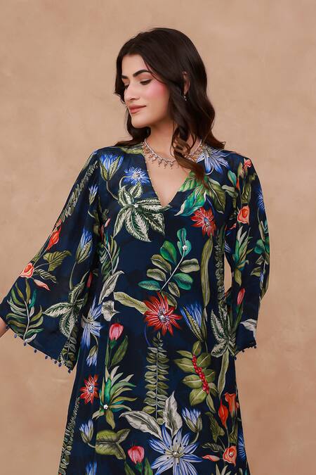 Buy_Aroop Shop India_Navy Crepe, Silk Embroidery, Beads V-neck Floral Printed Kurta And Pant Set _Online_at_Aza_Fashions