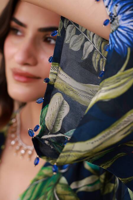 Shop_Aroop Shop India_Navy Crepe, Silk Embroidery, Beads V-neck Floral Printed Kurta And Pant Set _Online_at_Aza_Fashions