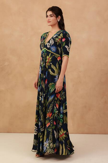 Aroop Shop India_Blue Crepe Embroidery V-neck Floral Hand Dress _Online_at_Aza_Fashions