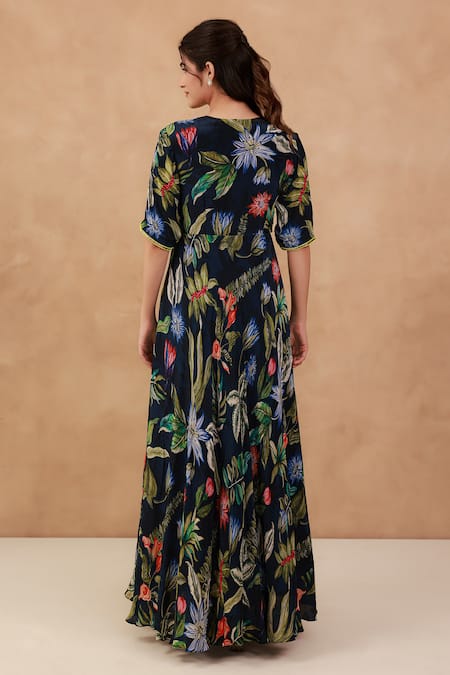 Aroop Shop India Floral Hand Embroidered V-Neck Dress 