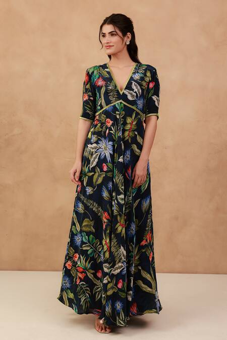 Buy_Aroop Shop India_Blue Crepe Embroidery V-neck Floral Hand Dress _Online_at_Aza_Fashions