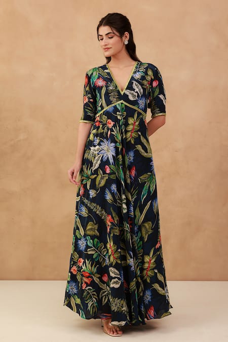 Aroop Shop India Floral Hand Embroidered V-Neck Dress 