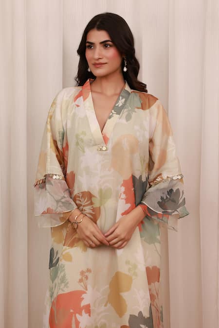 Buy_Aroop Shop India_Beige Chiffon V-neck Printed Kurta And Pant Set _Online_at_Aza_Fashions
