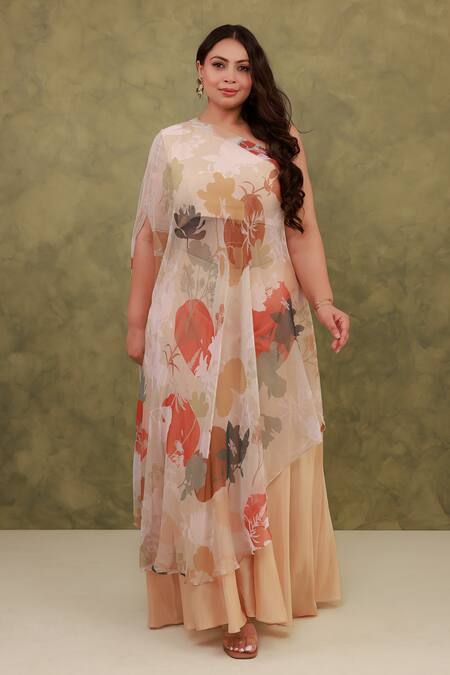 Aroop Shop India_Beige Silk, Chiffon Embroidery Bandeau Neck, One Printed Shrug Top And Pant Set _at_Aza_Fashions