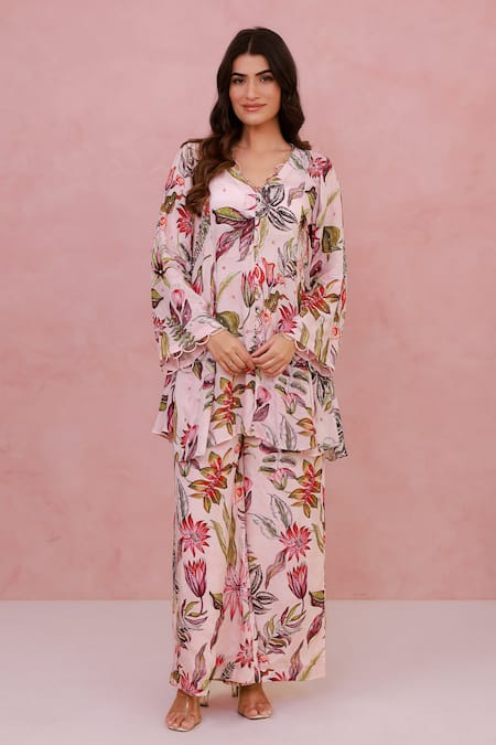 Aroop Shop India Floral Hand Embroidered Shirt Tunic & Pant Set 