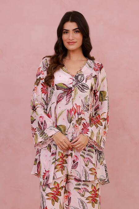 Aroop Shop India_Pink Crepe Embroidery, Piping V-neck Floral Hand Shirt Tunic And Pant Set _Online_at_Aza_Fashions