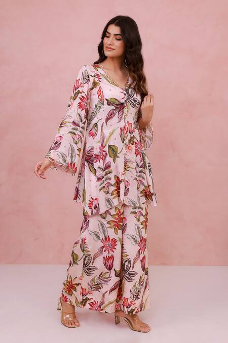 Buy_Aroop Shop India_Pink Crepe Embroidery, Piping V-neck Floral Hand Shirt Tunic And Pant Set _Online_at_Aza_Fashions