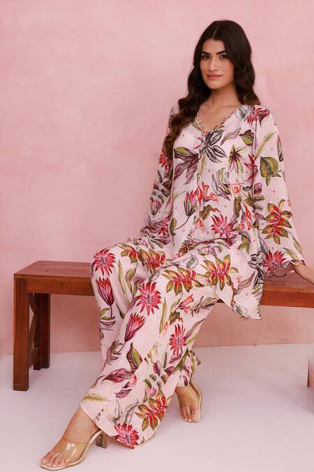 Shop_Aroop Shop India_Pink Crepe Embroidery, Piping V-neck Floral Hand Shirt Tunic And Pant Set _Online_at_Aza_Fashions