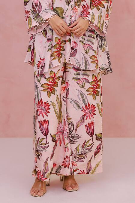 Aroop Shop India_Pink Crepe Embroidery, Piping V-neck Floral Hand Shirt Tunic And Pant Set _at_Aza_Fashions