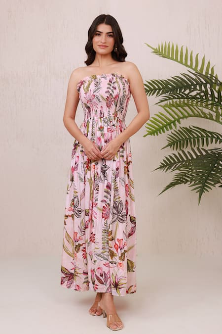 Aroop Shop India_Pink Crepe Ruffles Bandeau Neck Floral Hand Embroidered Smocked Maxi Dress _Online_at_Aza_Fashions