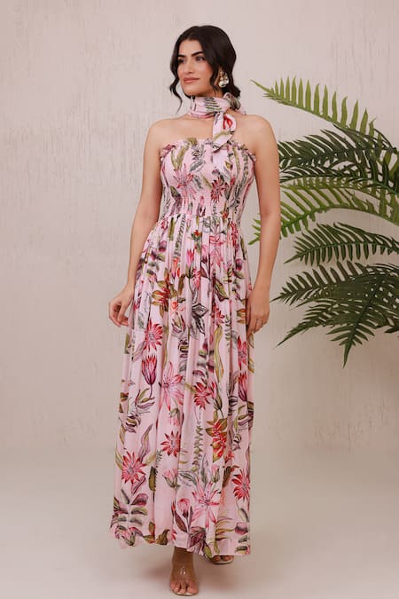 Aroop Shop India Floral Hand Embroidered Smocked Maxi Dress 