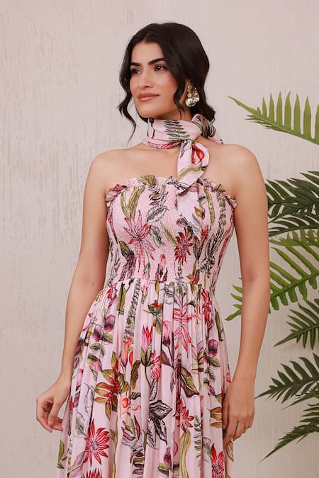 Buy_Aroop Shop India_Pink Crepe Ruffles Bandeau Neck Floral Hand Embroidered Smocked Maxi Dress _Online_at_Aza_Fashions