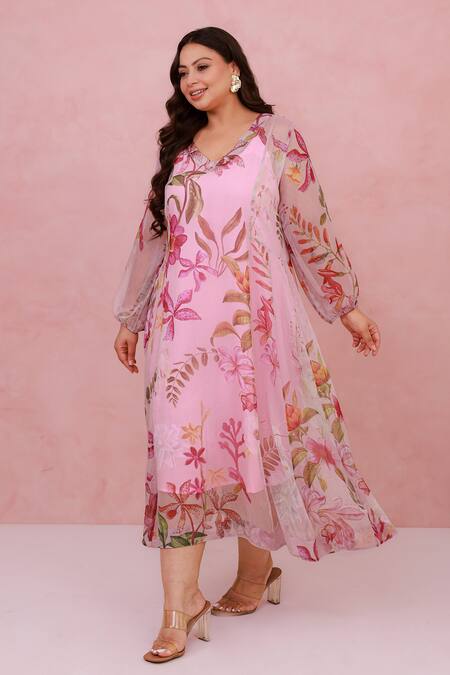 Aroop Shop India_Blush Chiffon Embroidery V-neck Floral Hand Recycled Dress _Online_at_Aza_Fashions