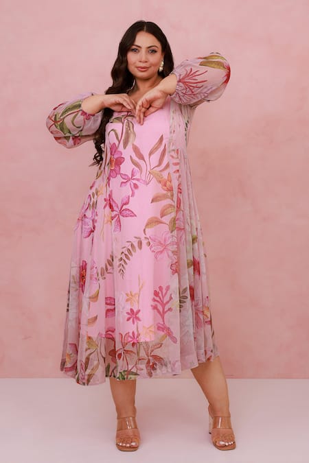 Aroop Shop India Floral Hand Embroidered Recycled Chiffon Dress 