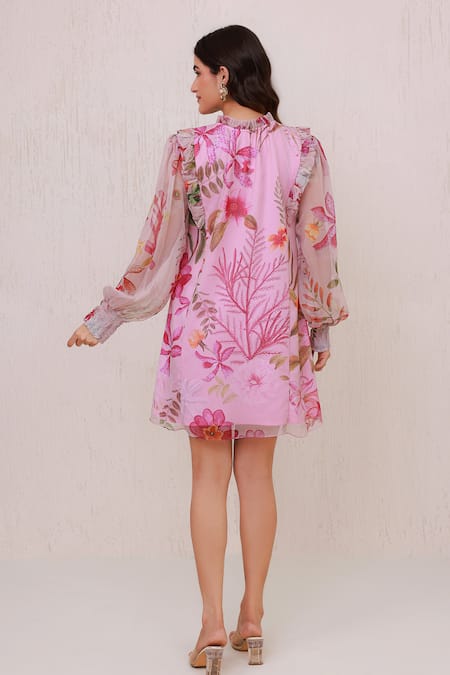 Aroop Shop India Floral Ruffle Mini Dress With Balloon Sleeves 