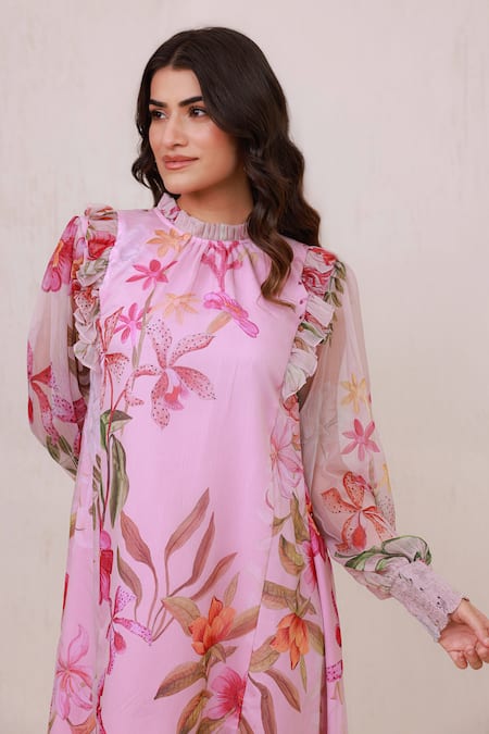 Buy_Aroop Shop India_Pink Chiffon Ruffles, Embroidery High Floral Mini Dress With Balloon Sleeves _Online_at_Aza_Fashions