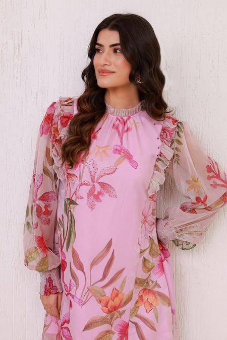 Shop_Aroop Shop India_Pink Chiffon Ruffles, Embroidery High Floral Mini Dress With Balloon Sleeves _Online_at_Aza_Fashions
