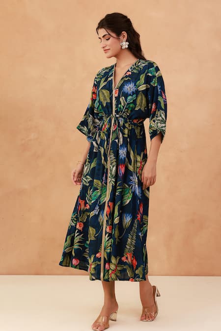 Aroop Shop India_Blue Crepe Lace V-neck Tropical Floral Print Kaftan Dress _Online_at_Aza_Fashions