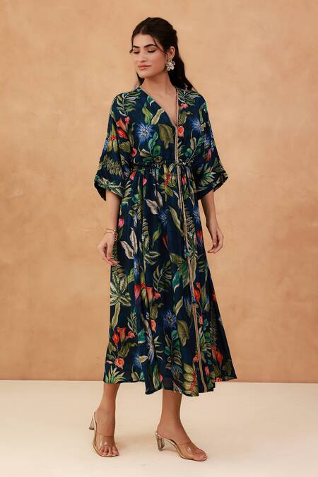 Buy_Aroop Shop India_Blue Crepe Lace V-neck Tropical Floral Print Kaftan Dress _Online_at_Aza_Fashions