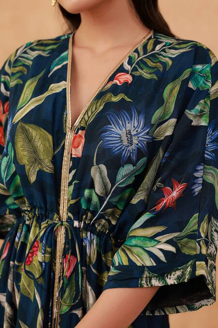 Shop_Aroop Shop India_Blue Crepe Lace V-neck Tropical Floral Print Kaftan Dress _Online_at_Aza_Fashions
