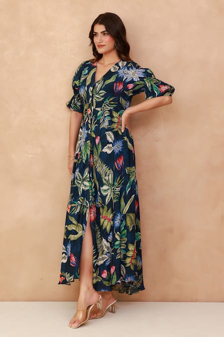 Aroop Shop India_Blue Crepe V-neck Tropical Floral Print Maxi Dress _Online_at_Aza_Fashions