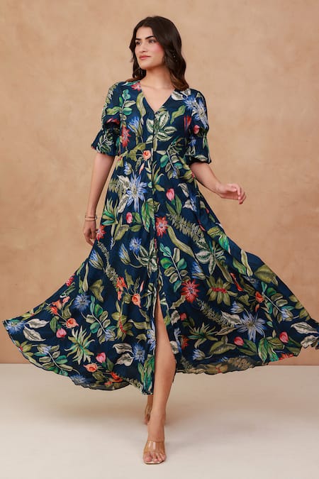 Buy_Aroop Shop India_Blue Crepe V-neck Tropical Floral Print Maxi Dress _Online_at_Aza_Fashions