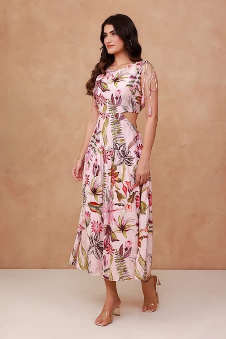 Aroop Shop India Pink Crepe Beads, Embroidery Round Neck Floral Hand Cut-out Dress Online at Aza Fashions Aroop Shop India_Pink Crepe Beads, Embroidery Round Neck Floral Hand Cut-out Dress _Online_at_Aza_Fashions