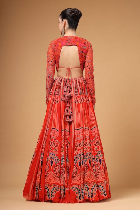 Buy_Gazab by Miku Kumar_Red Georgette, Organza Embroidery V-neck Sarmast Printed Anarkali With Dupatta 