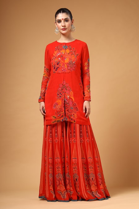 Buy_Gazab by Miku Kumar_Red Georgette, Organza Embroidery Round Neck Fanaa Printed Kurta Sharara Set _Online_at_Aza_Fashions