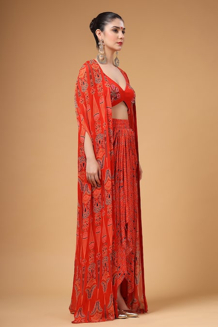 Buy_Gazab by Miku Kumar_Red Georgette Embroidery Open Neck, Husna Printed Cape Skirt Set _Online_at_Aza_Fashions