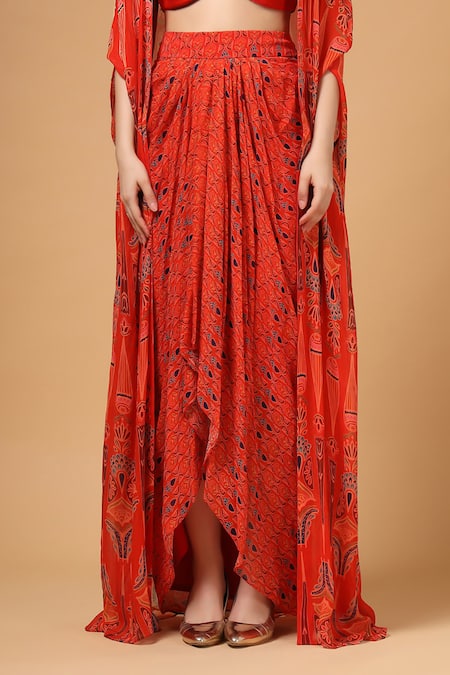 Gazab by Miku Kumar_Red Georgette Embroidery Open Neck, Husna Printed Cape Skirt Set _at_Aza_Fashions