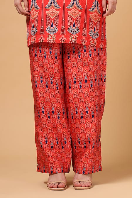 Buy_Gazab by Miku Kumar_Red Silk, Crepe Round Neck Ruhani Printed Kaftan With Palazzo _Online_at_Aza_Fashions