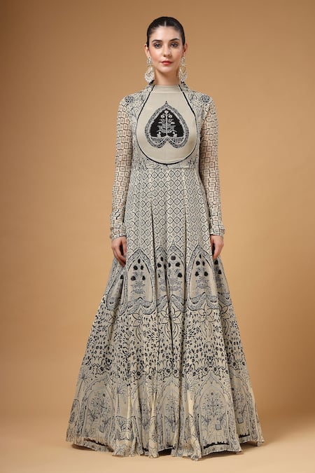 Buy_Gazab by Miku Kumar_Black Georgette, Organza Embroidery High Parizaad Printed Anarkali With Dupatta 