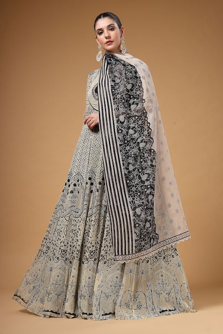 Shop_Gazab by Miku Kumar_Black Georgette, Organza Embroidery High Parizaad Printed Anarkali With Dupatta 