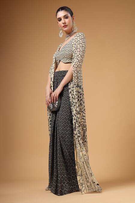 Buy_Gazab by Miku Kumar_Black Georgette Sequins, Embroidery Open Neck, Shauq Printed Cape Skirt Set _Online_at_Aza_Fashions