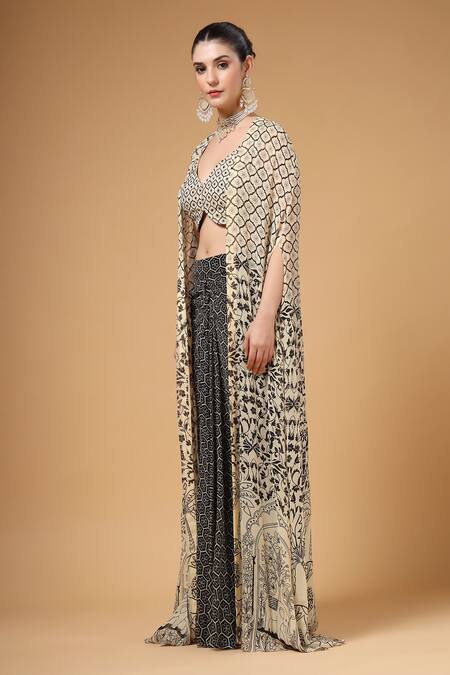 Shop_Gazab by Miku Kumar_Black Georgette Sequins, Embroidery Open Neck, Shauq Printed Cape Skirt Set _Online_at_Aza_Fashions