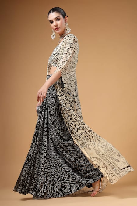 Gazab by Miku Kumar_Black Georgette Sequins, Embroidery Open Neck, Shauq Printed Cape Skirt Set _at_Aza_Fashions