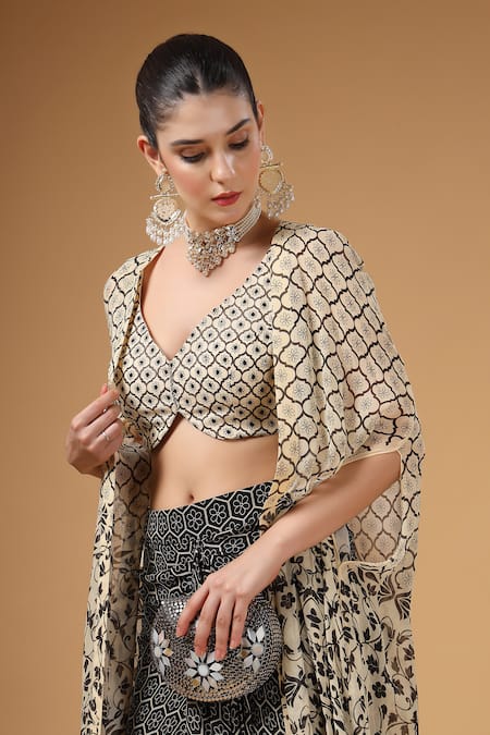 Buy_Gazab by Miku Kumar_Black Georgette Sequins, Embroidery Open Neck, Shauq Printed Cape Skirt Set 