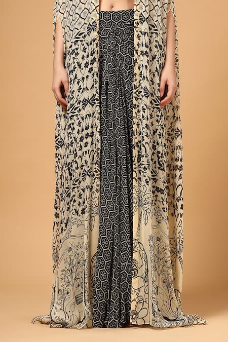 Shop_Gazab by Miku Kumar_Black Georgette Sequins, Embroidery Open Neck, Shauq Printed Cape Skirt Set 