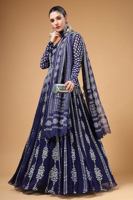 Shop_Gazab by Miku Kumar_Navy Georgette, Organza Embroidery V-neck Qurbat Printed Anarkali With Dupatta _Online_at_Aza_Fashions