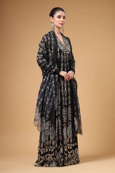 Buy_Gazab by Miku Kumar_Black Crepe, Silk, Organza Embroidery Khwabida Jacket Anarkali Palazzo Set _Online_at_Aza_Fashions