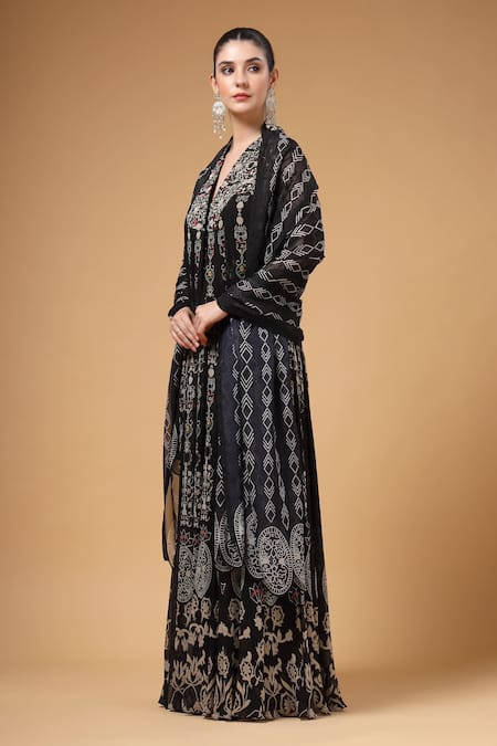 Shop_Gazab by Miku Kumar_Black Crepe, Silk, Organza Embroidery Khwabida Jacket Anarkali Palazzo Set _Online_at_Aza_Fashions