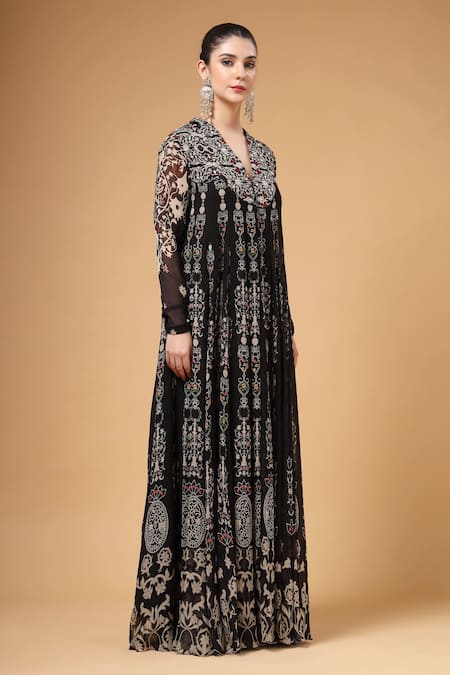 Buy_Gazab by Miku Kumar_Black Crepe, Silk, Organza Embroidery Khwabida Jacket Anarkali Palazzo Set 